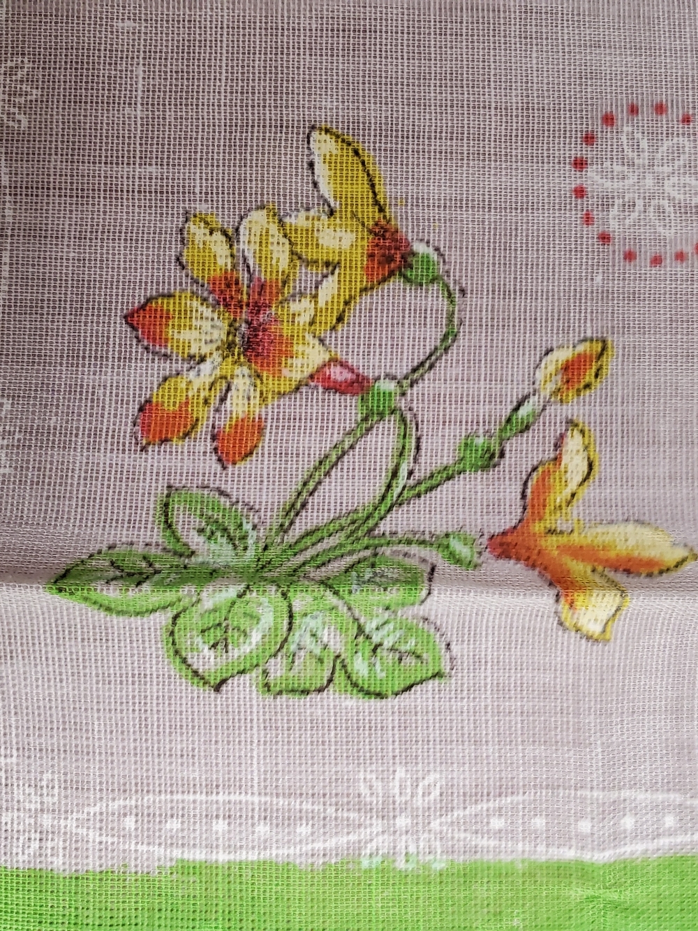 Vintage Floral Handkerchief with Green Border and Yellow Flowers - Picture 4 of 5